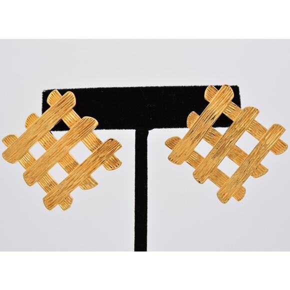 Unbranded Jewelry - Vintage Dangle Weaved Earrings Brushed Shiny Gold Textured Chunky 1980s BinAY